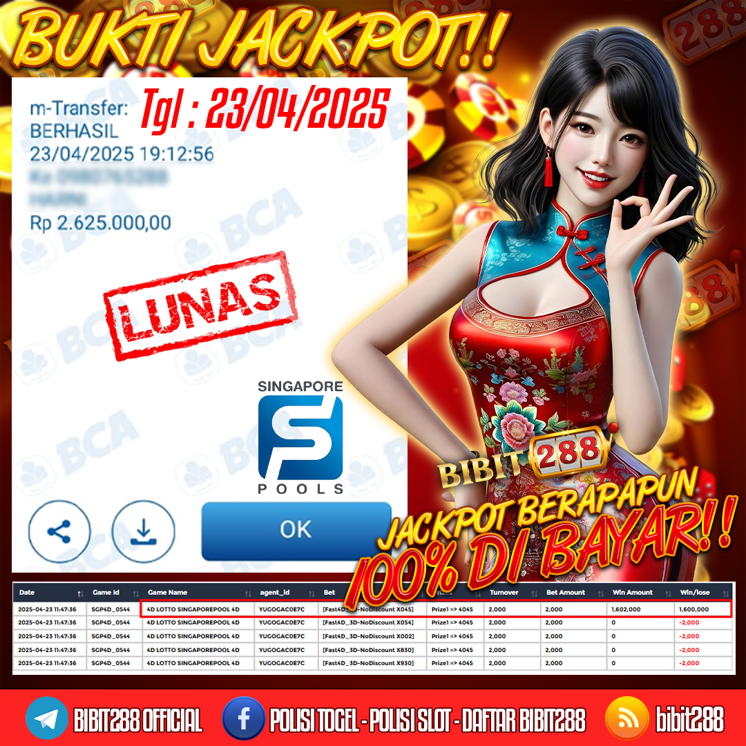 BUKTI JACKPOT LUNAS TOGEL 4D LOTTO SINGAPOREPOOL 4D ID :h****21