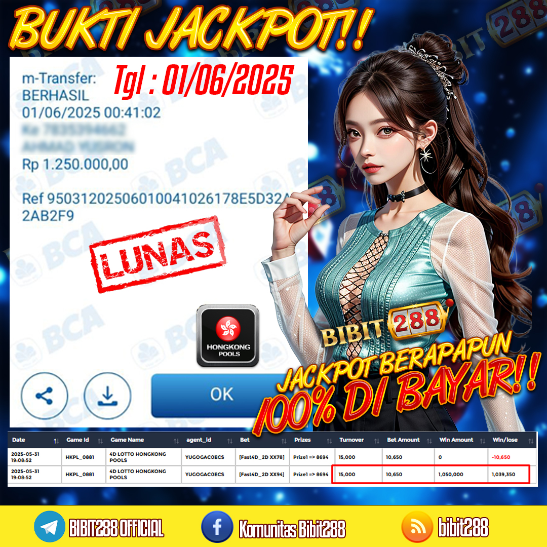BUKTI JACKPOT LUNAS TOGEL 4D LOTTO HONGKONG POOLS ID : k****37