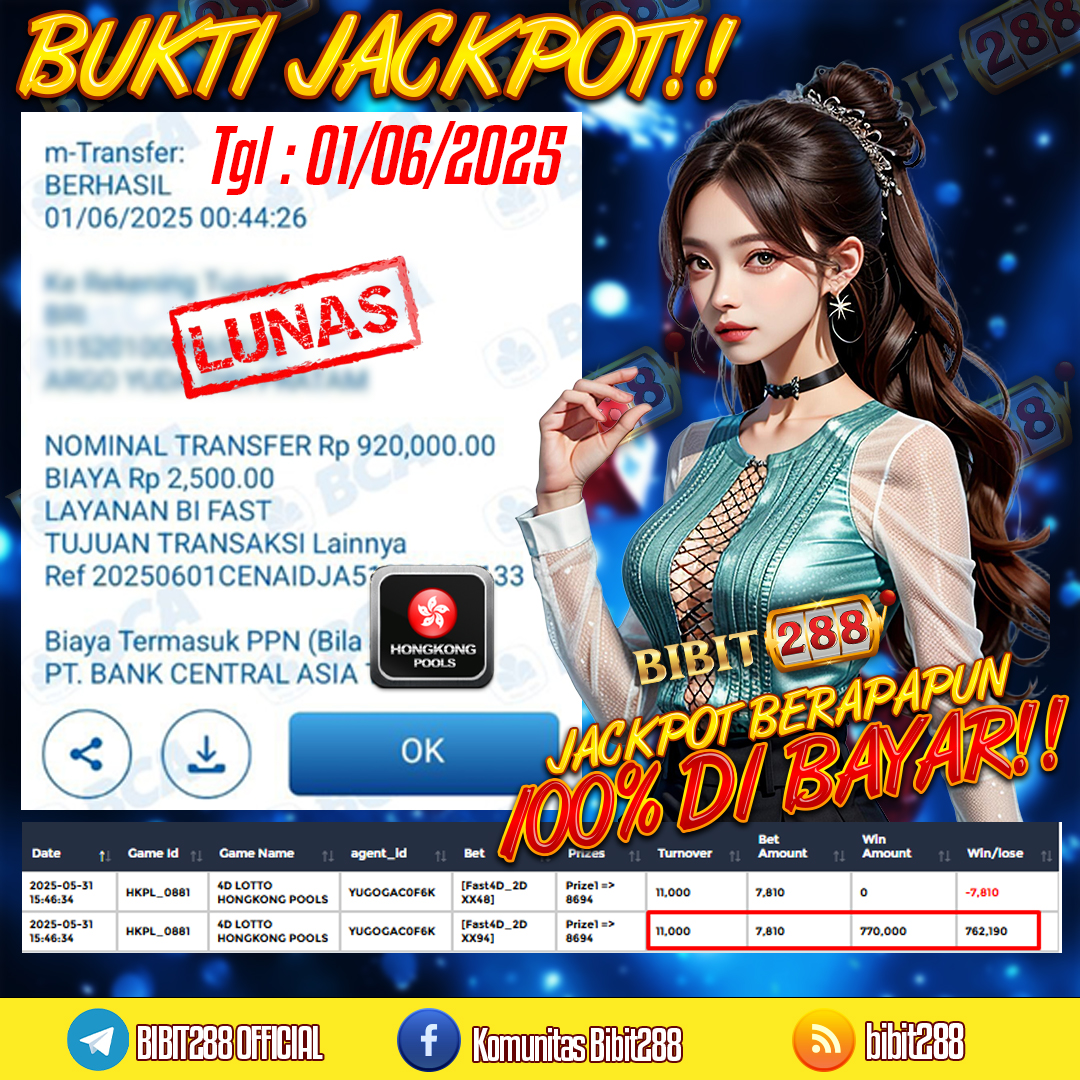 BUKTI JACKPOT LUNAS TOGEL 4D LOTTO HONGKONG POOLS ID : yu****67