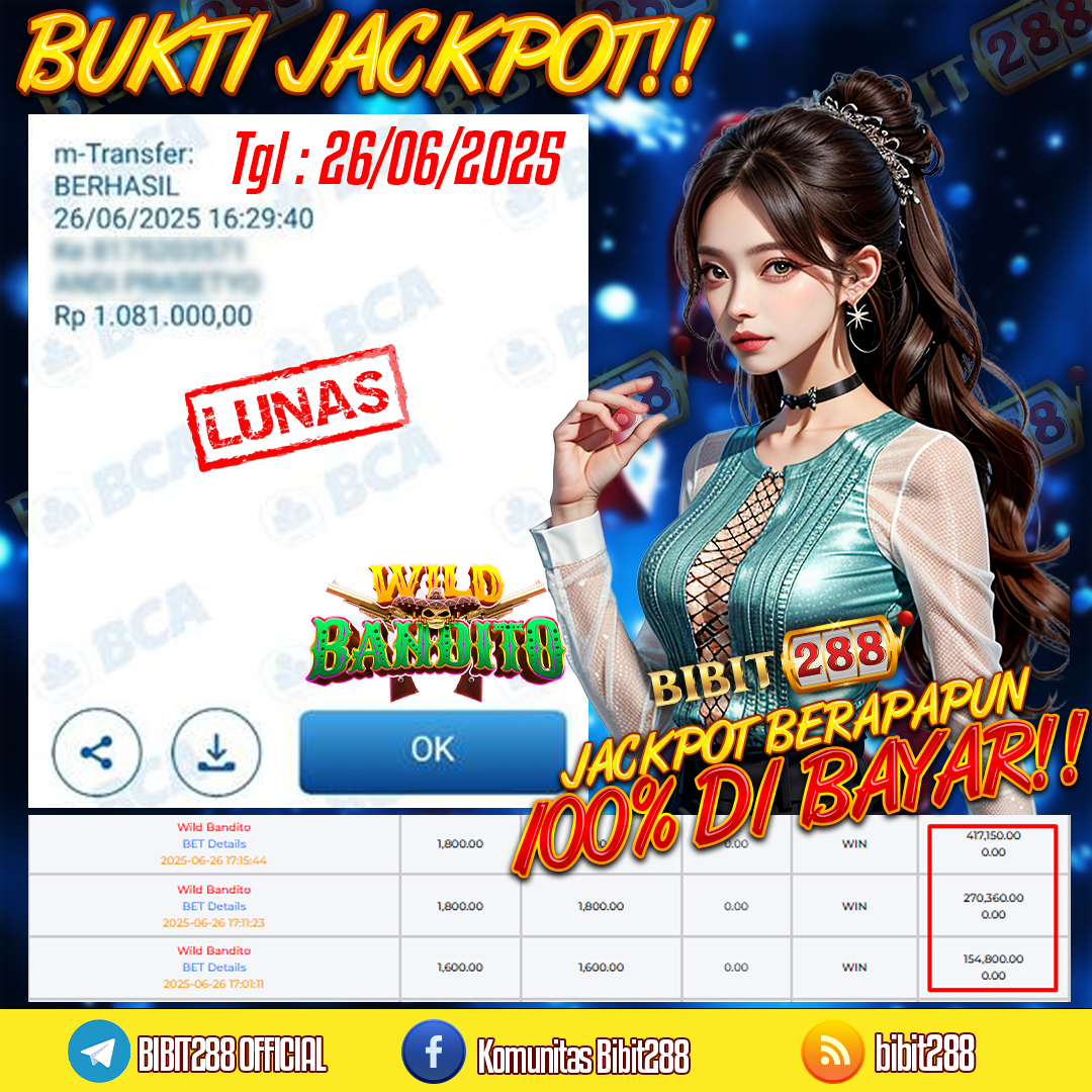 BUKTI JACKPOT LUNAS SLOT WILD BANDITO ID : s****4