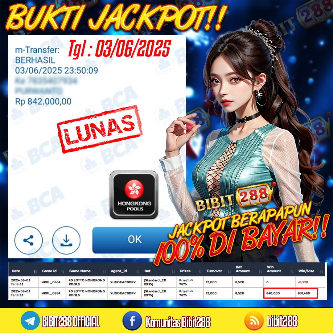 BUKTI JACKPOT LUNAS TOGEL 4D LOTTO HONGKONG POOLS ID : s****88