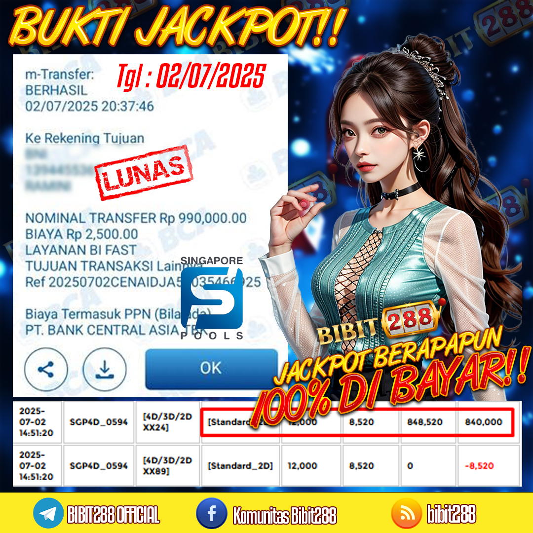 BUKTI JACKPOT LUNAS TOGEL 4D LOTTO SINGAPORE POOLS ID : d****74